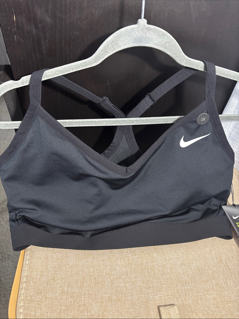 Nike Black V-Neck Strappy Sports Bra with White Swoosh